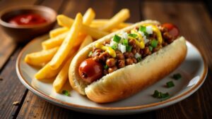 Coney Island Hot Dog – Hot Dog mit Chili, Zwiebeln und Senf.
