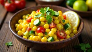 Corn Chaat – Gewürzte Maiskörner mit Zitronensaft und gehacktem Gemüse