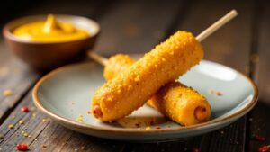 Corn Dogs – Wurst im Maisteigmantel auf einem Stiel.