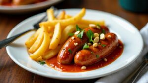 Currywurst nach New York Style und Pommes