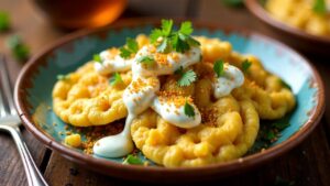Dahi Sev Batata Puri – Puri gefüllt mit Kartoffeln und belegt mit Joghurt