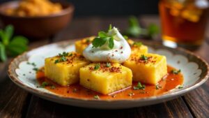 Dhokla Chaat – Weiche Dhokla-Stücken mit würzigem Saucengrün