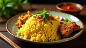 Nasi Kuning – Yellow rice with assorted side dishes