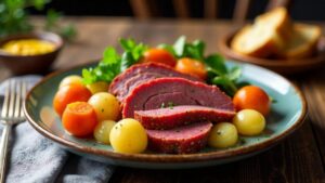 New England Boiled Dinner – Korrekturierte Mahlzeit mit Corned Beef und Kohl.