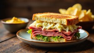 Reuben Sandwich – Roggenbrot mit Corned Beef, Sauerkraut und Käse.