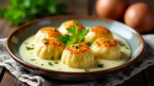 Saumagen-Knödel in Rahmsauce