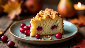 Schlesischer Streuselkuchen mit Birne und Cranberries