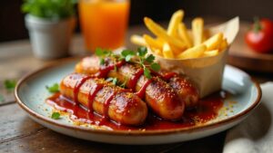 Szenlec Currywurst für den Grill mit Smokey BBQ Sauce und Pommes